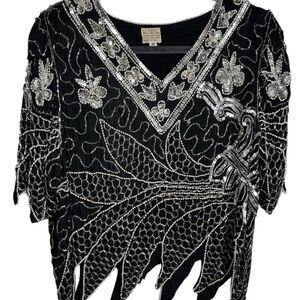 Vintage M Black Silver‎ Beaded Sequin Geometric Party Blouse Top Sexy Disco Rock